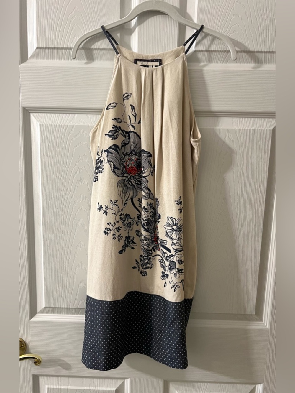 Anthropologie Cream Floral Halter Midi Dress with Navy Hem